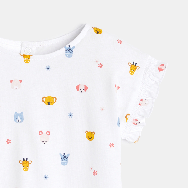 تيشيرت بأكمام مكشكشة باللون الأبيض للفتيات الصغيرات